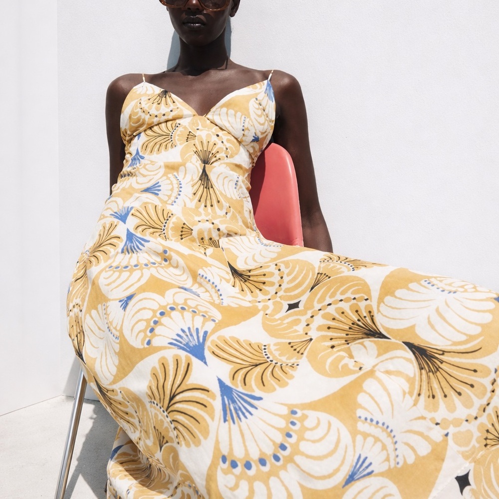 Zara Mustard Print Slip Maxi Dress Boho Resort Vacation Size S - Picture 7 of 7